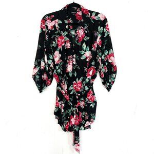 Torrid Blouse Self Tie Belted Black Pink Red Floral Roll Tab Sleeve Henley 3 3X